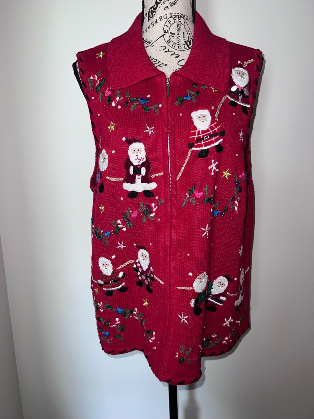 Designers Originals Studio Vintage Christmas Santa Sweater Vest Red Zipper 1X